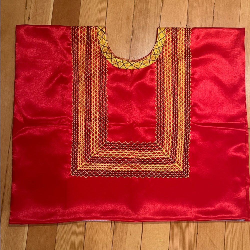 Embroidered Red Satin Caftan Top with Yellow Accent